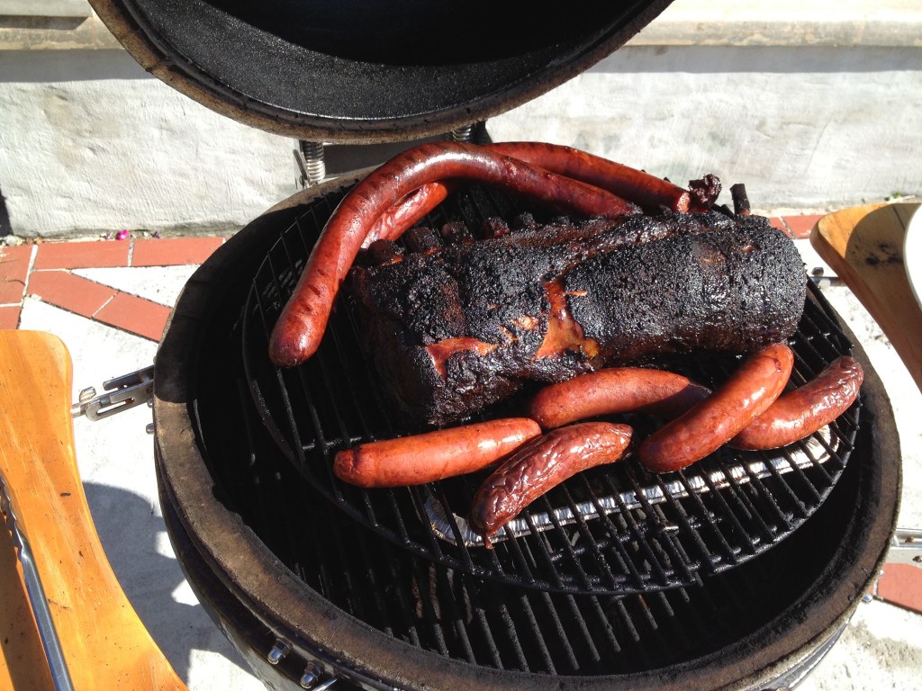 Pork smoke (bone in) and kielbasa on the Big Green Egg